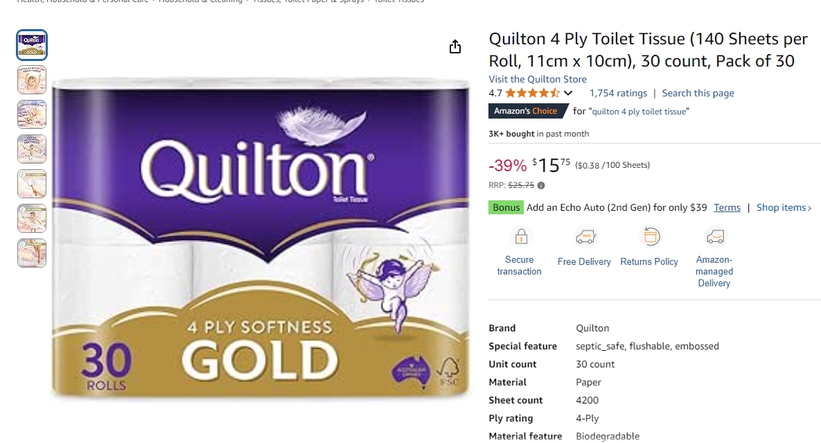 Quilton 四层厕纸39%折扣！现价$15.75！@ Amazon