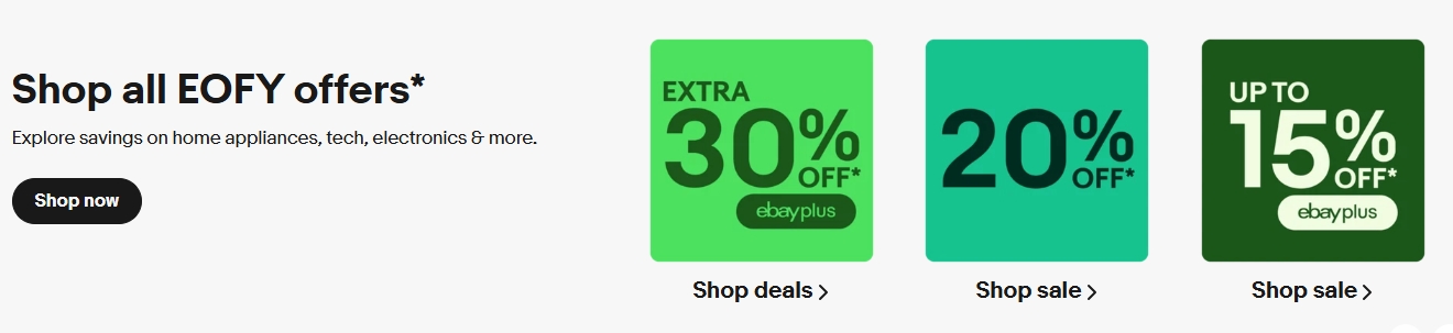 eBay EOFY财年促销活动开启！最高30%折上折！