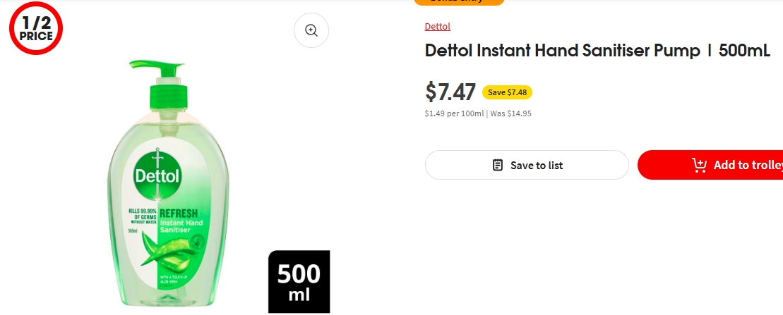 Dettol按压式洗手消毒液半价！500毫升，现价$7.47！@ Coles